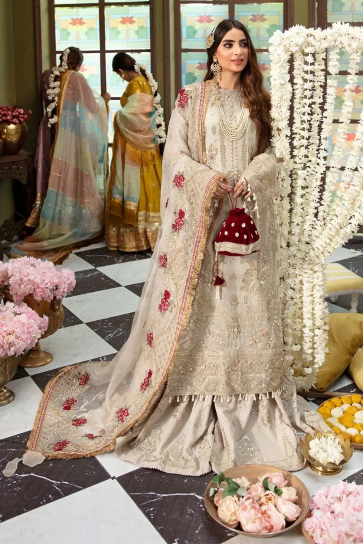 NL-51 Fasana Jhoomro ivory hand embellished chiffon stitched 3PC suit with applique work, embroidered raw silk trouser and stone work organza dupatta
