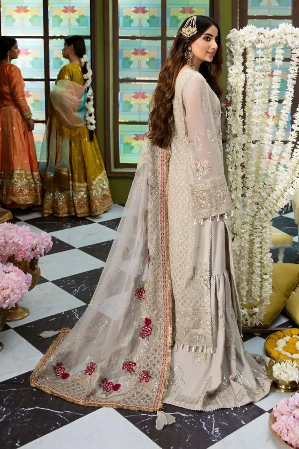 NL-51 Fasana Jhoomro ivory hand embellished chiffon stitched 3PC suit with applique work, embroidered raw silk trouser and stone work organza dupatta