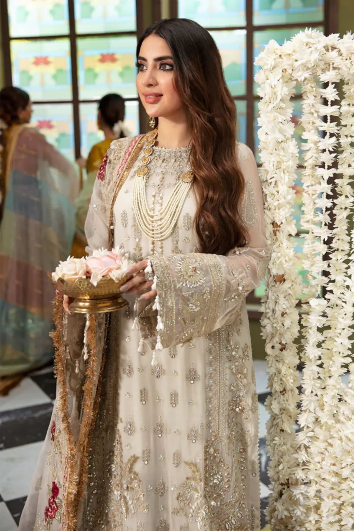 NL-51 Fasana Jhoomro ivory hand embellished chiffon stitched 3PC suit with applique work, embroidered raw silk trouser and stone work organza dupatta