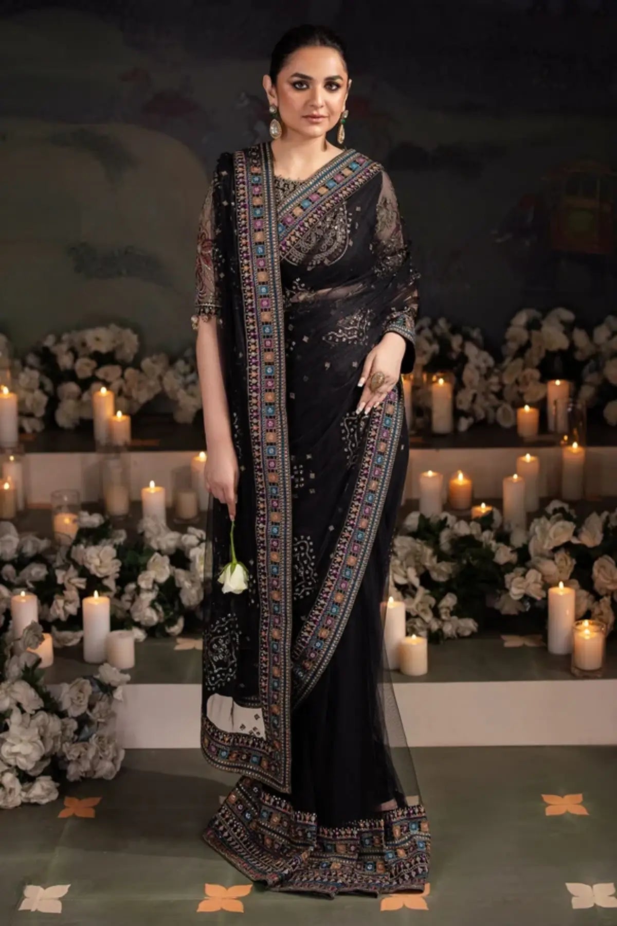 NL-78 Ruhi Jhoomro black embellished net formal stitched saree with multicolor embroidered organza borders and matching net blouse