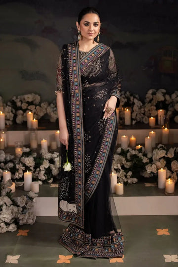NL-78 Ruhi Jhoomro black embellished net formal stitched saree with multicolor embroidered organza borders and matching net blouse