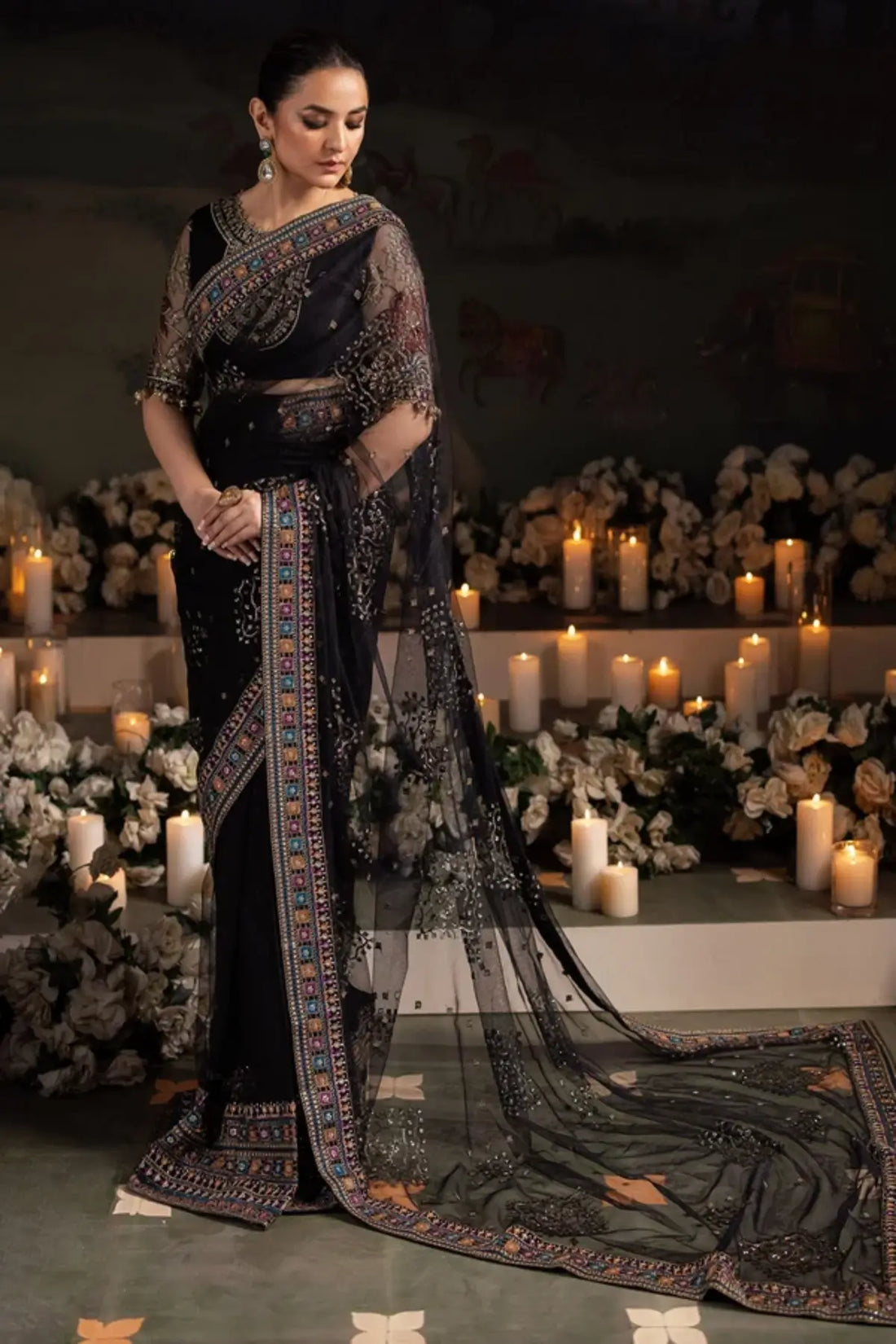 NL-78 Ruhi Jhoomro black embellished net formal stitched saree with multicolor embroidered organza borders and matching net blouse