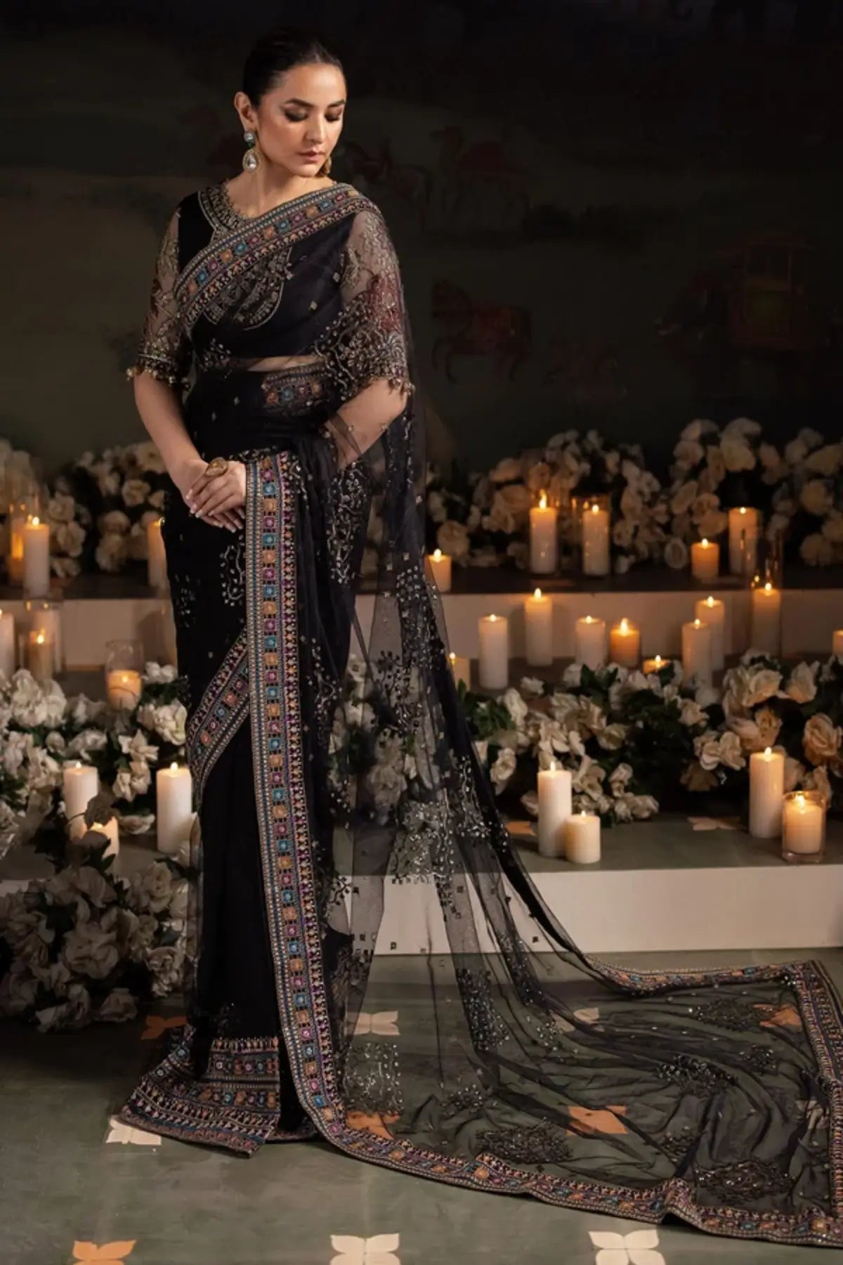 NL-78 Ruhi Jhoomro black embellished net formal stitched saree with multicolor embroidered organza borders and matching net blouse