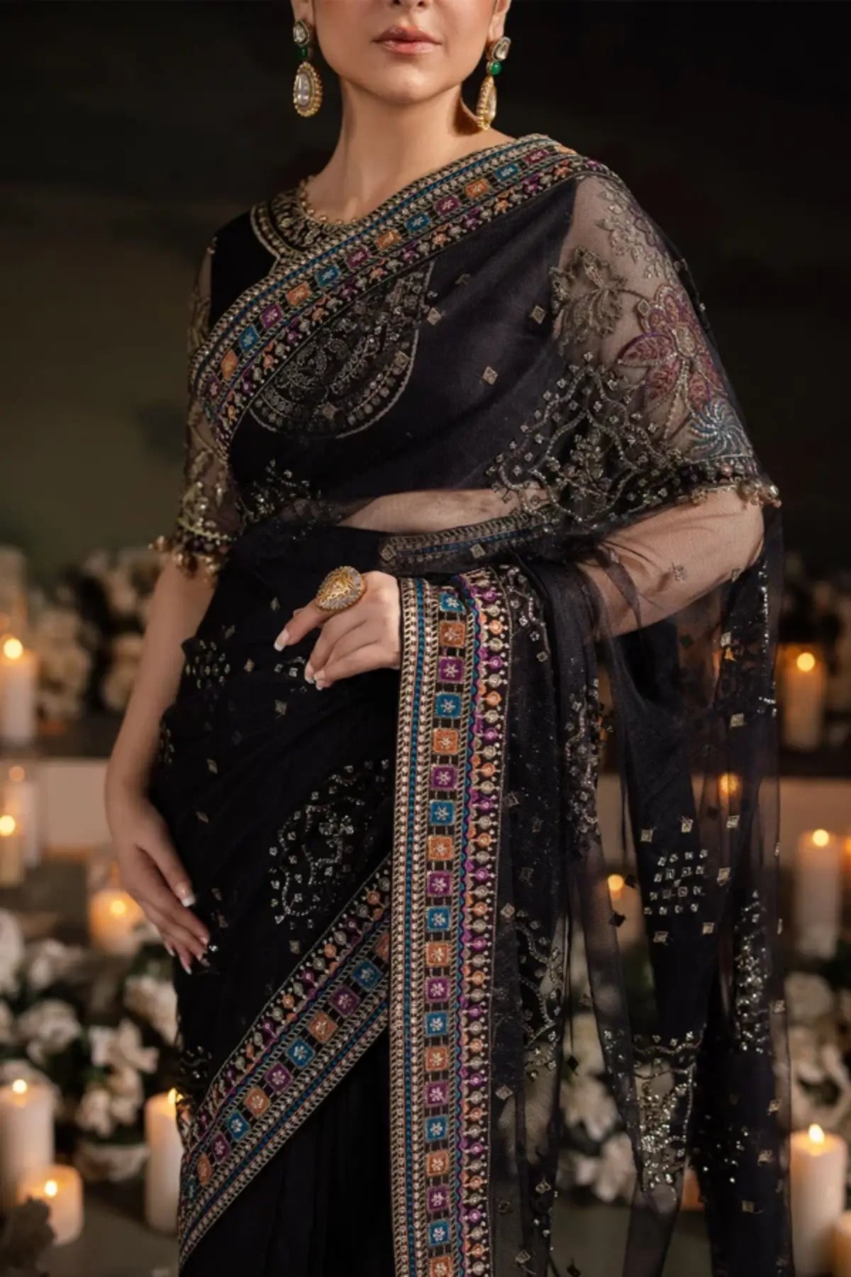 NL-78 Ruhi Jhoomro black embellished net formal stitched saree with multicolor embroidered organza borders and matching net blouse