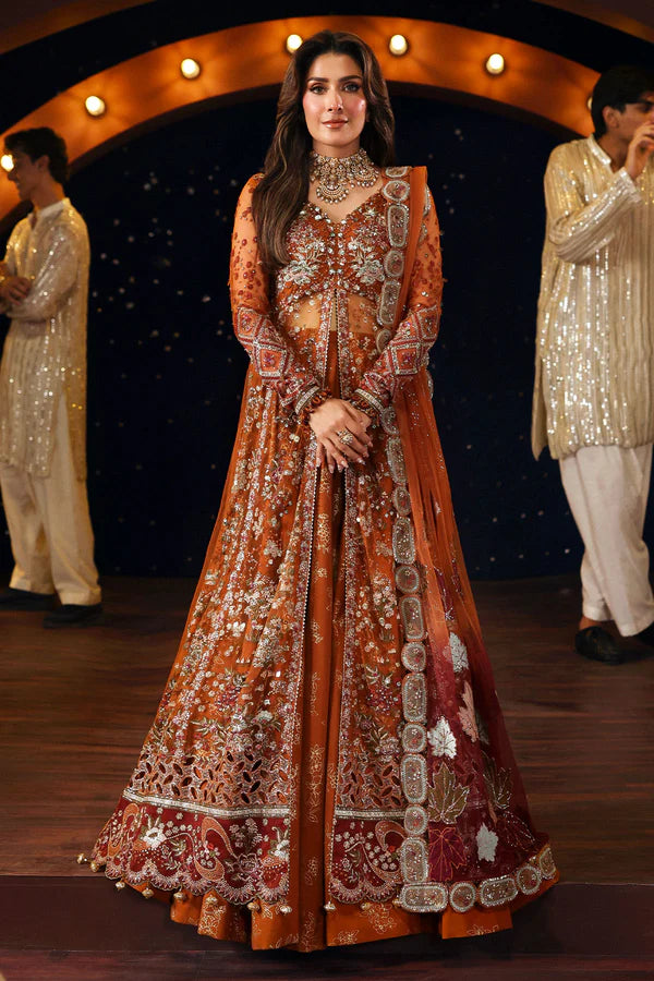 NL-80 Zardozi orange front open net gown with embroidered dupatta & silk trousers – stitched Nureh formal festive dress.