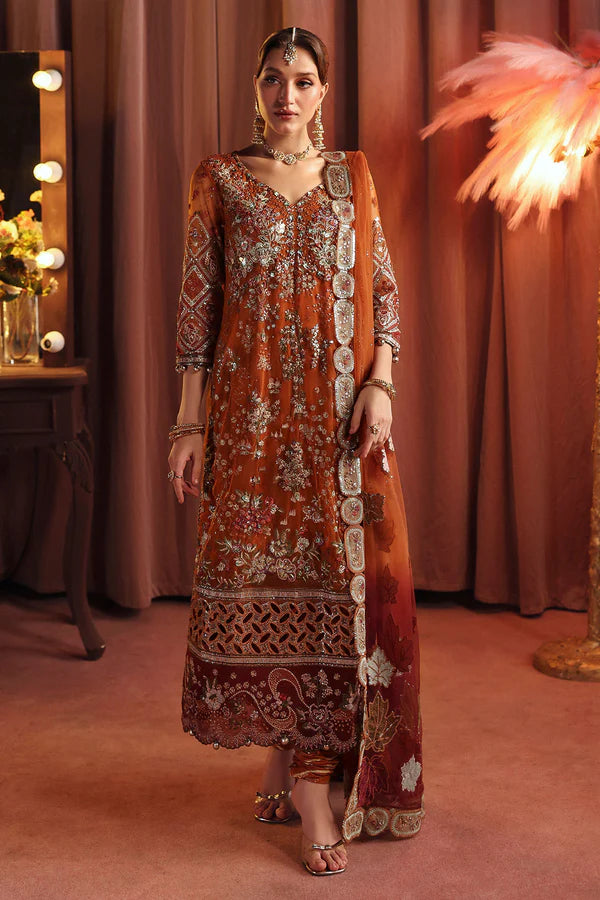 NL-80 Zardozi orange front open net gown with embroidered dupatta & silk trousers – stitched Nureh formal festive dress.