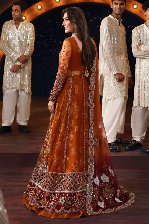NL-80 Zardozi orange front open net gown with embroidered dupatta & silk trousers – stitched Nureh formal festive dress.