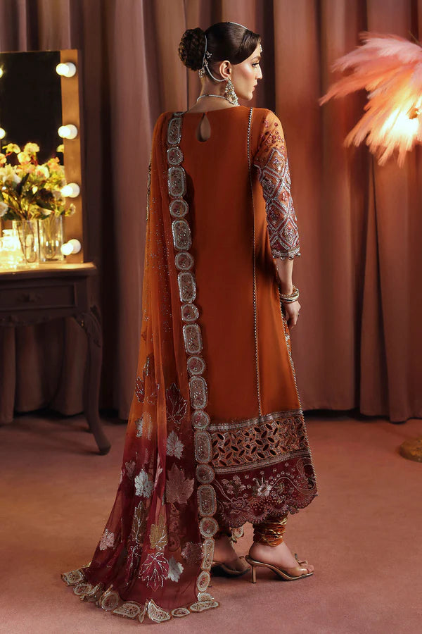 NL-80 Zardozi orange front open net gown with embroidered dupatta & silk trousers – stitched Nureh formal festive dress.
