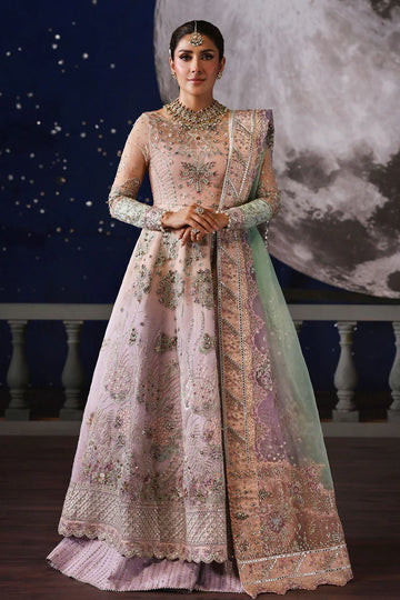 NL-81 Daria by Nureh – Hand embellished pink organza dress with dupatta & silk trousers. Perfect for weddings & formals. Order online at Pakistanimoda.com.