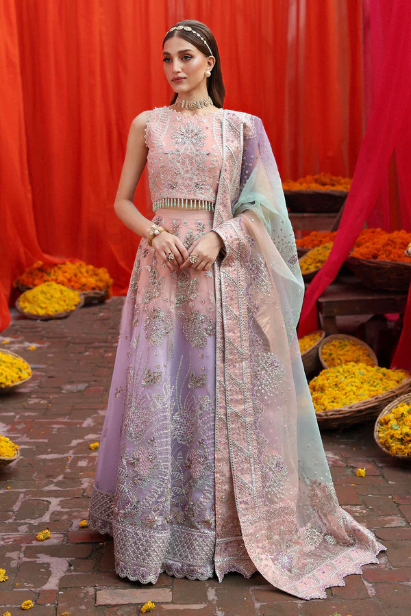 NL-81 Daria by Nureh – Hand embellished pink organza dress with dupatta & silk trousers. Perfect for weddings & formals. Order online at Pakistanimoda.com.