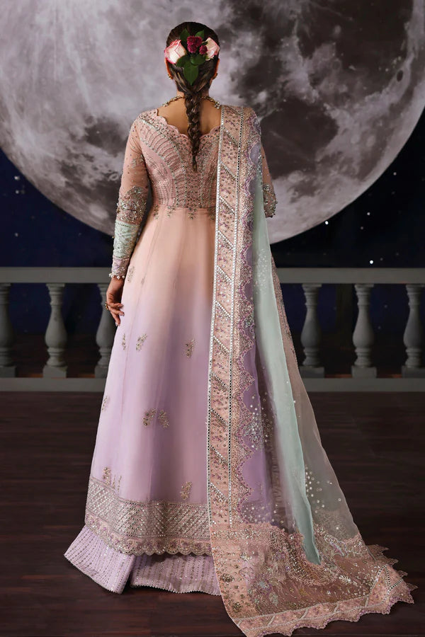 NL-81 Daria by Nureh – Hand embellished pink organza dress with dupatta & silk trousers. Perfect for weddings & formals. Order online at Pakistanimoda.com.