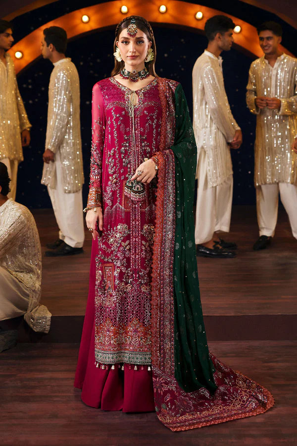 NL-82 Syera stitched magenta chiffon formal outfit with embroidered shirt & green zarri dupatta – Nureh Jhoomro festive wear.