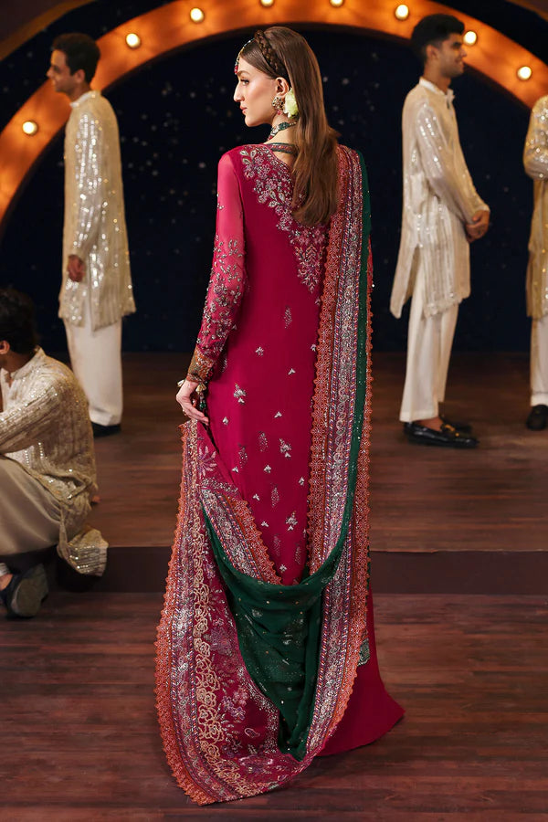 NL-82 Syera stitched magenta chiffon formal outfit with embroidered shirt & green zarri dupatta – Nureh Jhoomro festive wear.