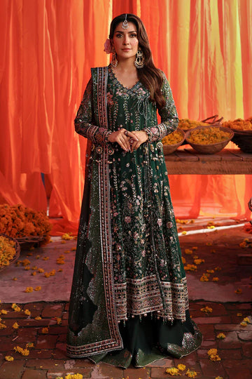 NL-83 Zoha green chiffon angrakha dress with hand embellishments & dupatta – Nureh Jhoomro festive stitched formal wear.