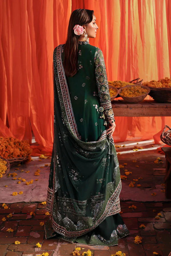 NL-83 Zoha green chiffon angrakha dress with hand embellishments & dupatta – Nureh Jhoomro festive stitched formal wear.