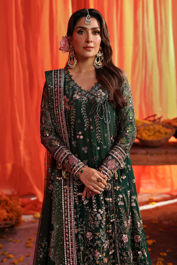 NL-83 Zoha green chiffon angrakha dress with hand embellishments & dupatta – Nureh Jhoomro festive stitched formal wear.