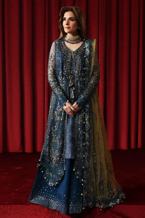 NL-84 Resham teal embroidered net formal outfit with dupatta & silk trouser – Nureh Jhoomro stitched festive wear order worldwide.