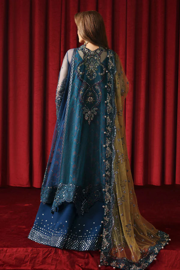 NL-84 Resham teal embroidered net formal outfit with dupatta & silk trouser – Nureh Jhoomro stitched festive wear order worldwide.