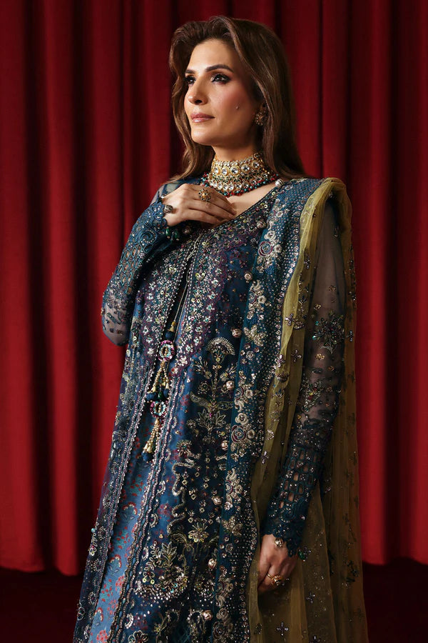 NL-84 Resham teal embroidered net formal outfit with dupatta & silk trouser – Nureh Jhoomro stitched festive wear order worldwide.
