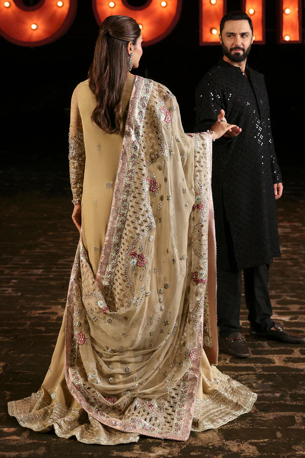 NL-85 Raina beige embroidered chiffon sharara outfit with dupatta & silk pants – stitched festive wear order online.