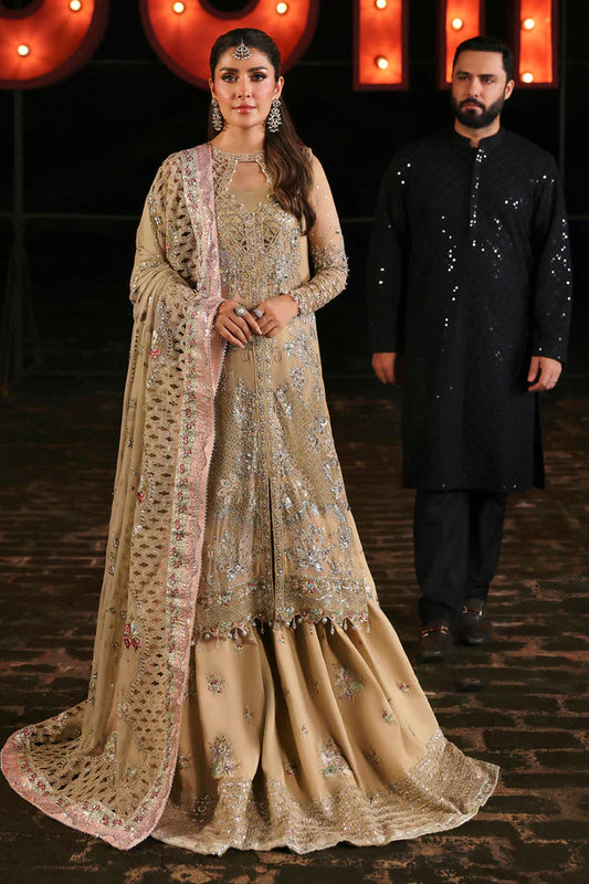 NL-85 Raina beige embroidered chiffon sharara outfit with dupatta & silk pants – stitched festive wear order online.