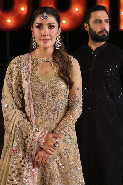 NL-85 Raina beige embroidered chiffon sharara outfit with dupatta & silk pants – stitched festive wear order online.