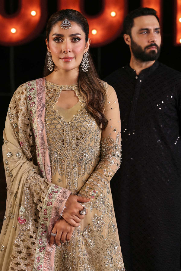 NL-85 Raina beige embroidered chiffon sharara outfit with dupatta & silk pants – stitched festive wear order online.