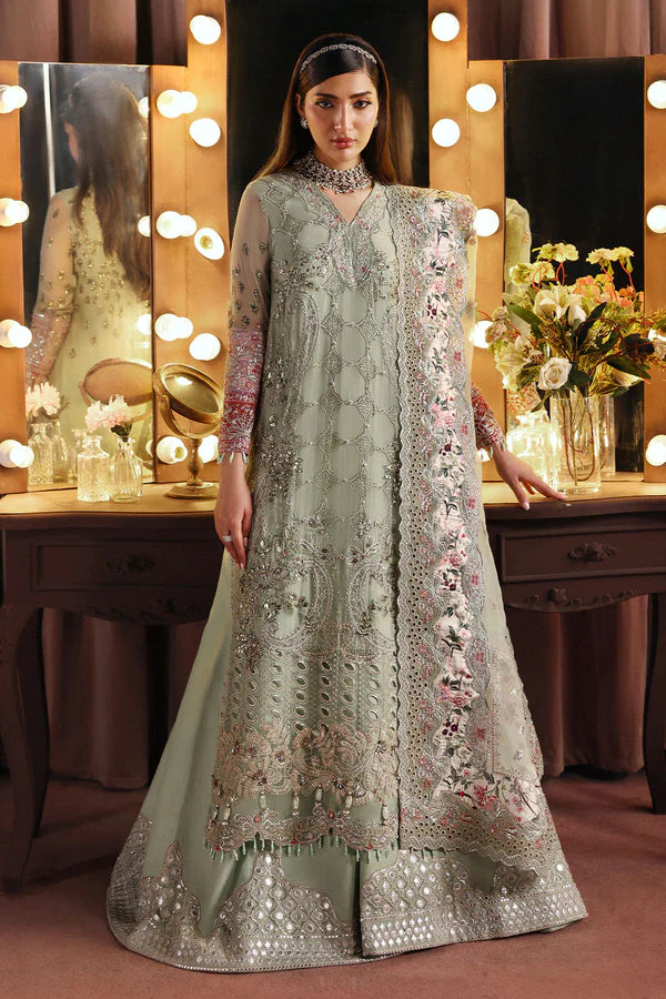 NL-86 Insia mint green embroidered chiffon long shirt dress with pants – Nureh Jhoomro festive stitched formal wear.