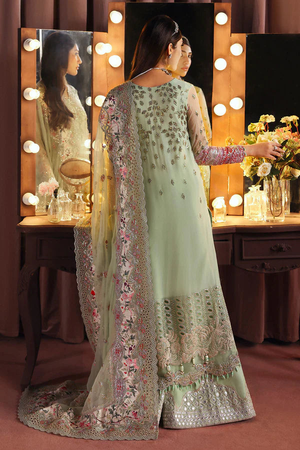 NL-86 Insia mint green embroidered chiffon long shirt dress with pants – Nureh Jhoomro festive stitched formal wear.