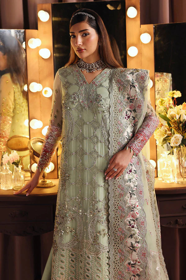 NL-86 Insia mint green embroidered chiffon long shirt dress with pants – Nureh Jhoomro festive stitched formal wear.