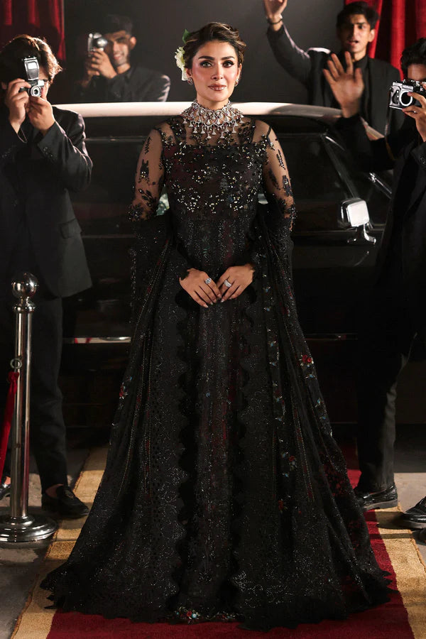 NL-87 Fayra black embroidered net pishwas with organza dupatta & silk trouser – Nureh Jhoomro festive formal stitched outfit.