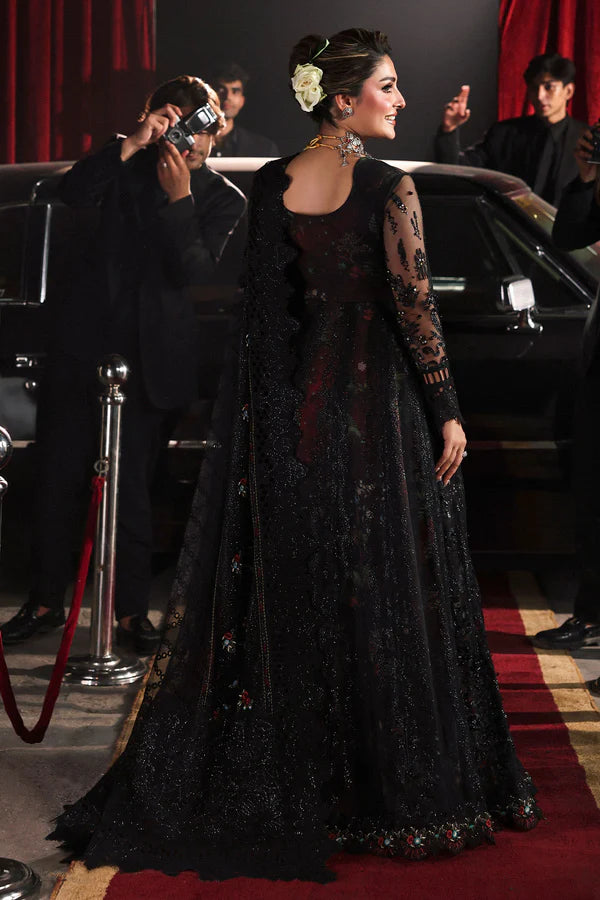 NL-87 Fayra black embroidered net pishwas with organza dupatta & silk trouser – Nureh Jhoomro festive formal stitched outfit.