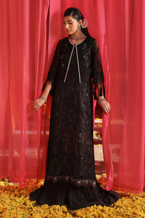 NL-87 Fayra black embroidered net pishwas with organza dupatta & silk trouser – Nureh Jhoomro festive formal stitched outfit.