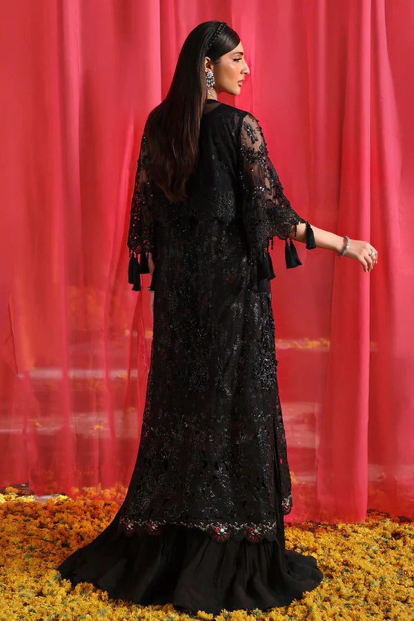 NL-87 Fayra black embroidered net pishwas with organza dupatta & silk trouser – Nureh Jhoomro festive formal stitched outfit.