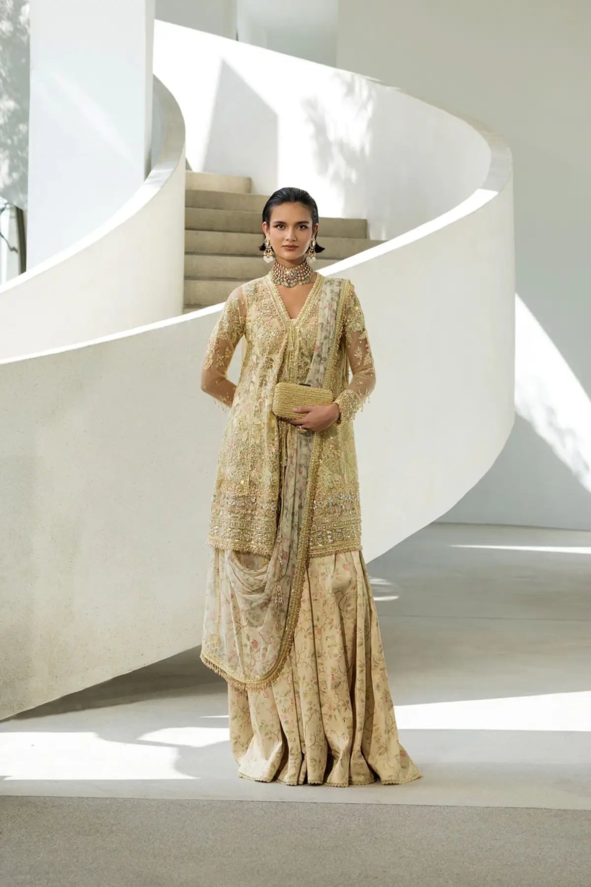 Sobia Nazir NR26-01 beige gold embroidered net festive sharara stitched suit from NUR Festive 26