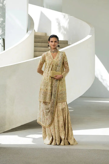 Sobia Nazir NR26-01 beige gold embroidered net festive sharara stitched suit from NUR Festive 26
