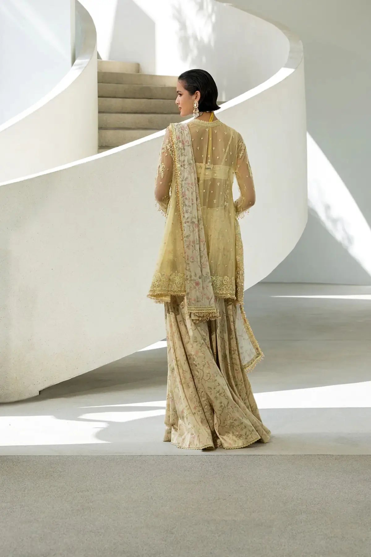Sobia Nazir NR26-01 beige gold embroidered net festive sharara stitched suit from NUR Festive 26