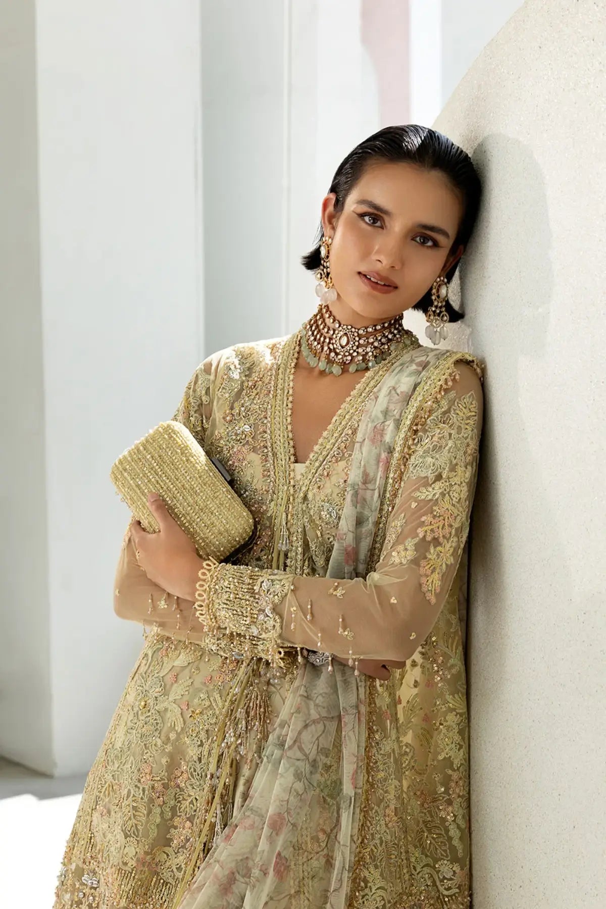 Sobia Nazir NR26-01 beige gold embroidered net festive sharara stitched suit from NUR Festive 26
