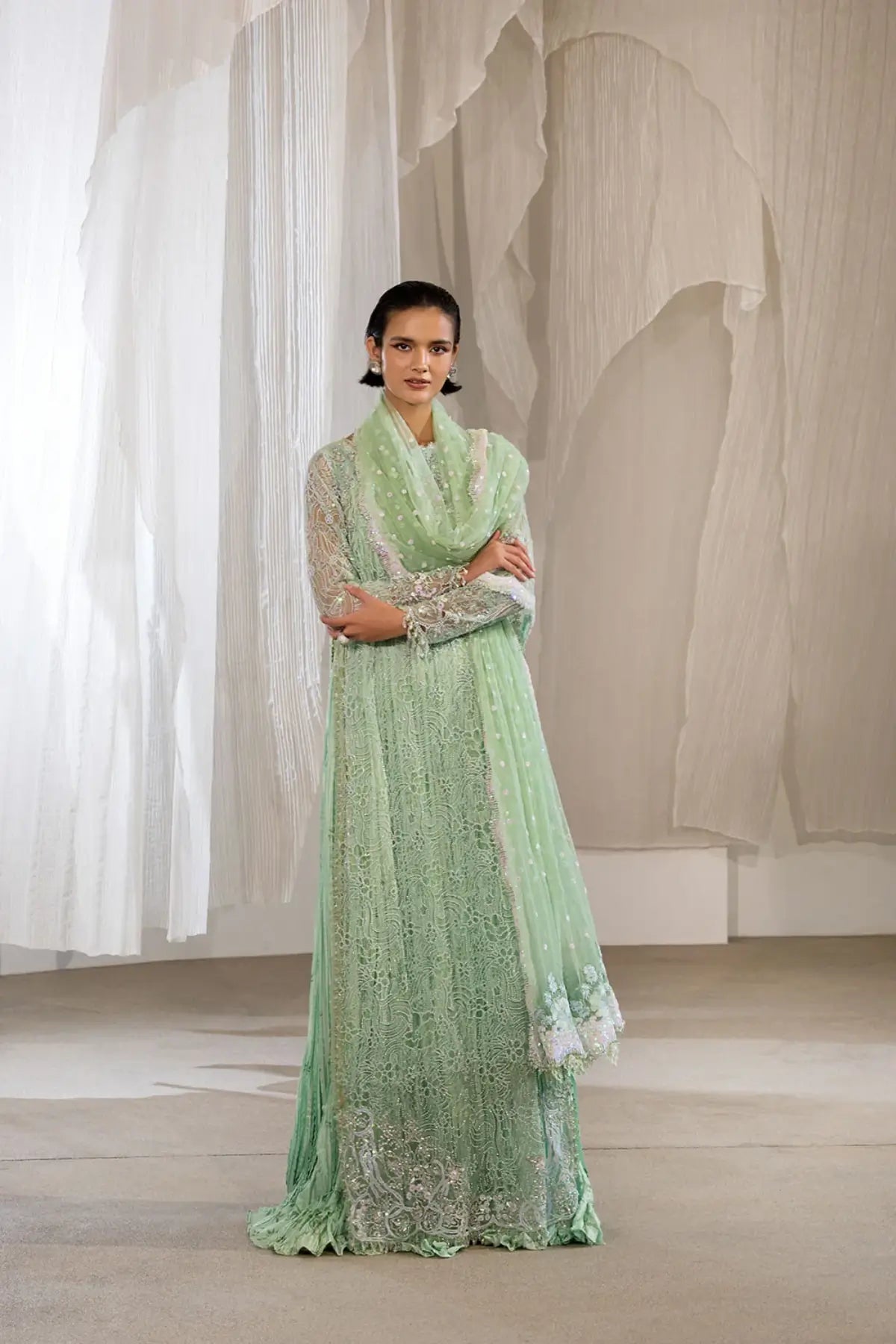 Sobia Nazir NR26-03 mint green embroidered net festive stitched suit from NUR Festive 26