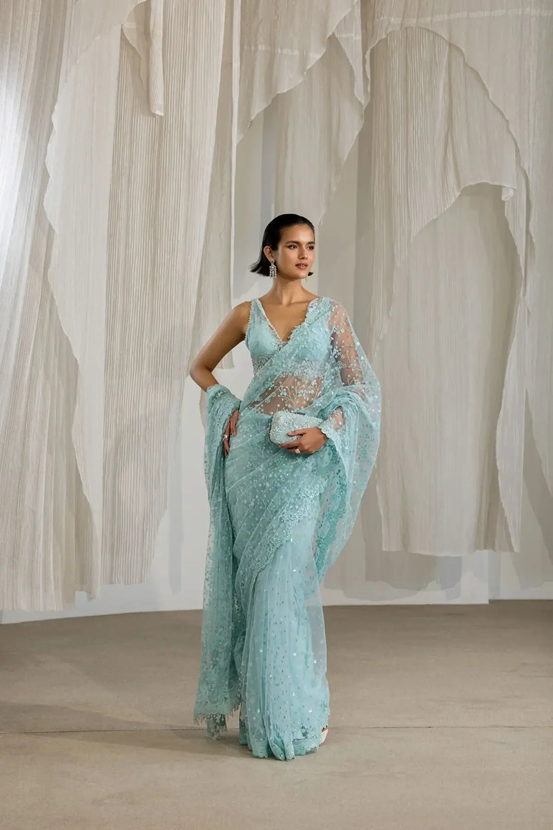 Sobia Nazir NR26-06 aqua blue embroidered net festive stitched saree from NUR Festive 26