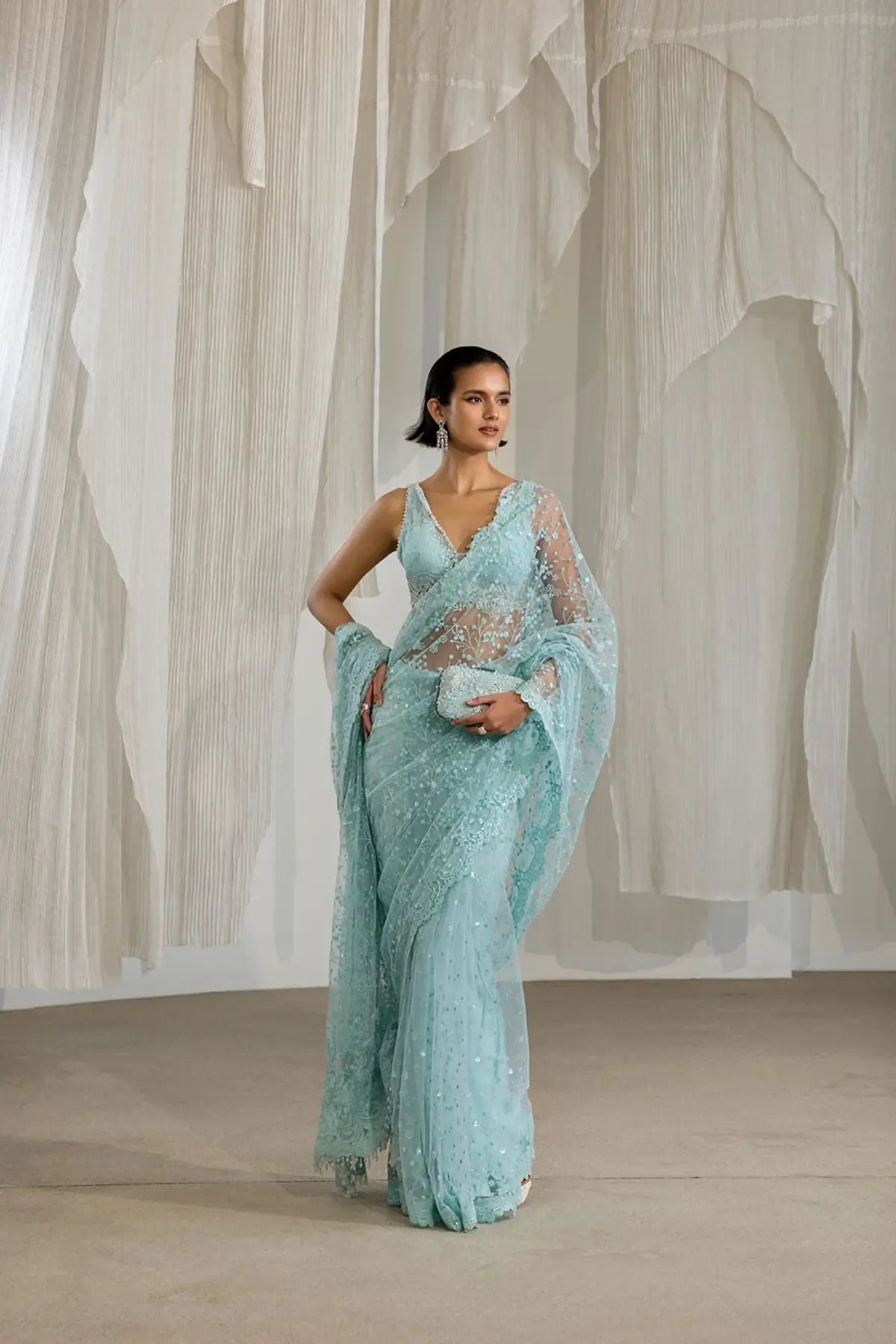 Sobia Nazir NR26-06 aqua blue embroidered net festive stitched saree from NUR Festive 26