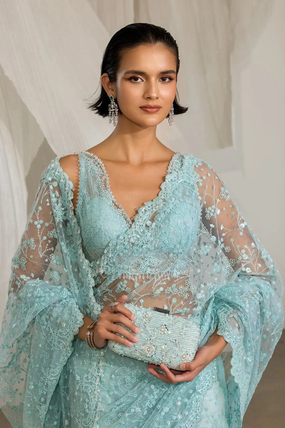 Sobia Nazir NR26-06 aqua blue embroidered net festive stitched saree from NUR Festive 26