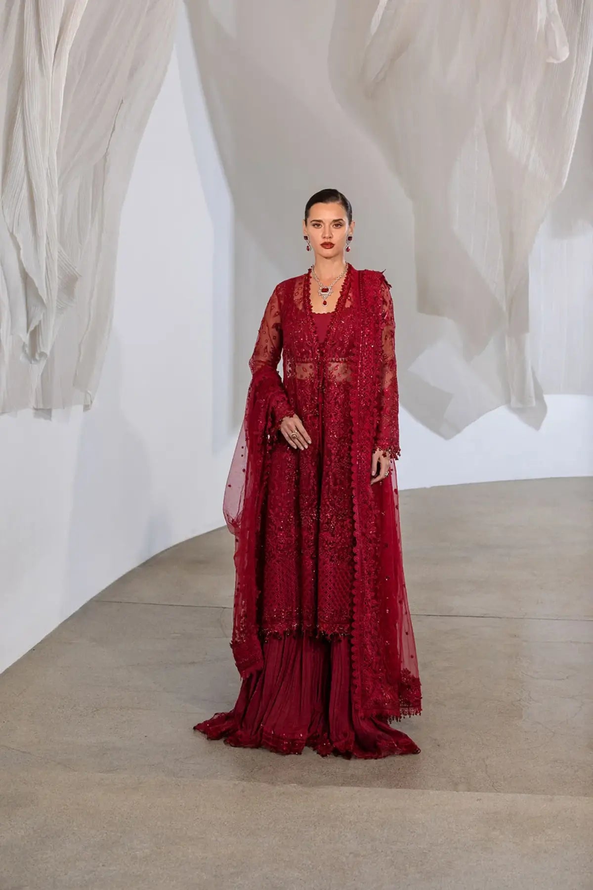 Sobia Nazir NR26-07 crimson hand embellished organza stitched formal suit from NUR Festive 26