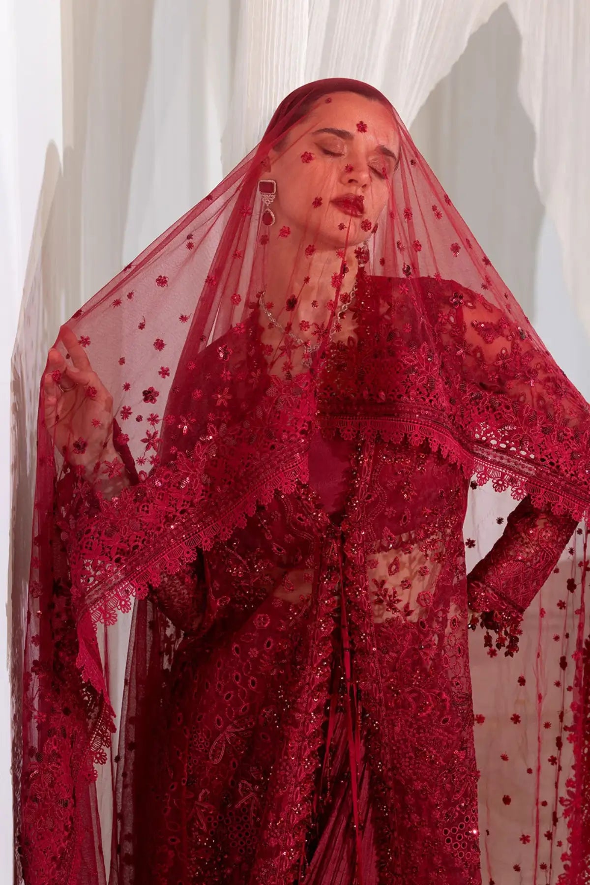 Sobia Nazir NR26-07 crimson hand embellished organza stitched formal suit from NUR Festive 26