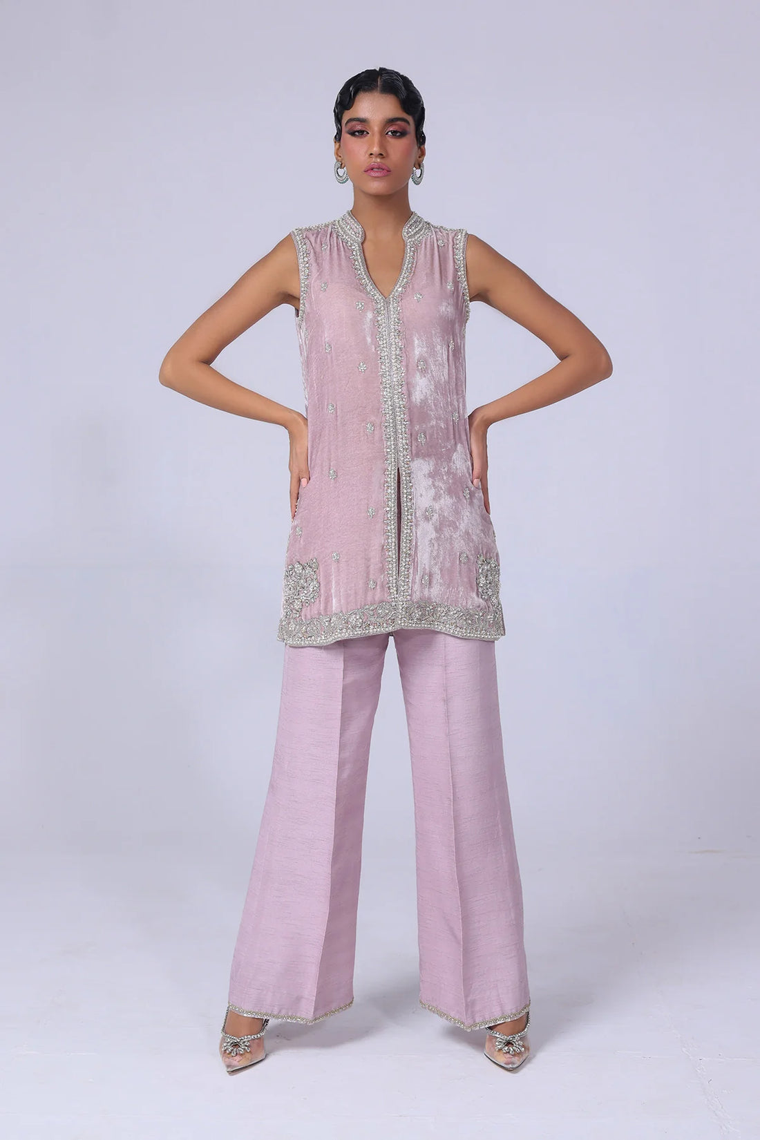 Light lilac velvet jacket with silver & gold handwork, paired with raw silk pants and a matching organza dupatta – perfect for formal events 2025.