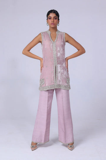 Light lilac velvet jacket with silver & gold handwork, paired with raw silk pants and a matching organza dupatta – perfect for formal events 2025.