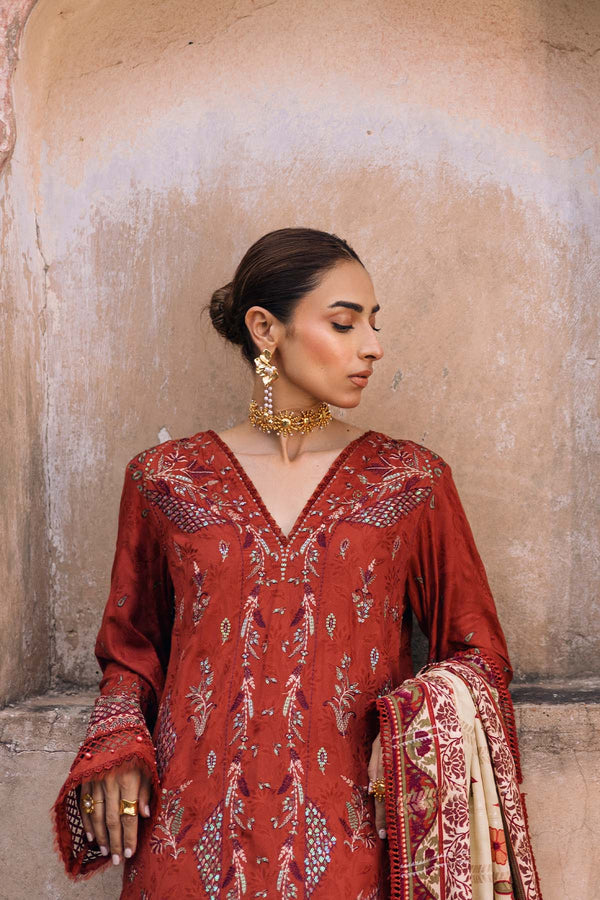 NW-105 Nureh Rust Linen Stitched Embroidered Suit Pakistanimoda