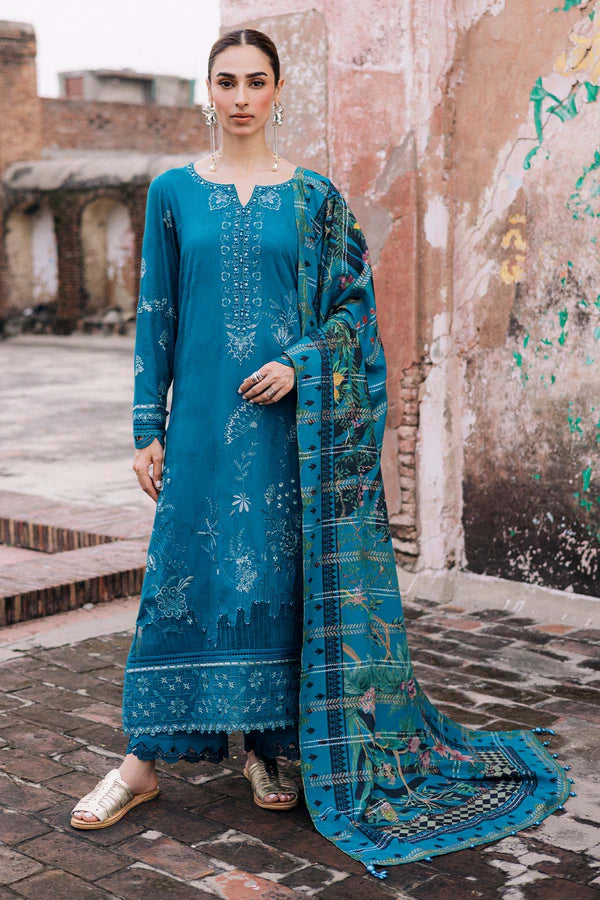 Stitched Nureh Teal Blue Embroidered Linen 3PC Suit Pakistanimoda