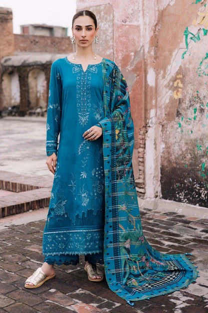 Stitched Nureh Teal Blue Embroidered Linen 3PC Suit Pakistanimoda