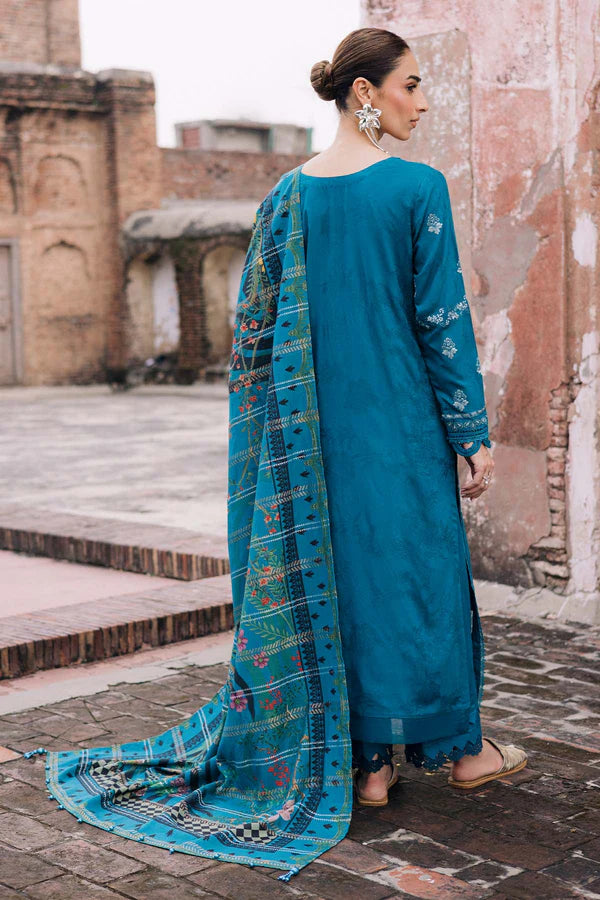 Stitched Nureh Teal Blue Embroidered Linen 3PC Suit Pakistanimoda